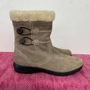 Clarks Bendables Suede Leather Faux Fur Ankle Boots Tan/Taupe Size 9.5